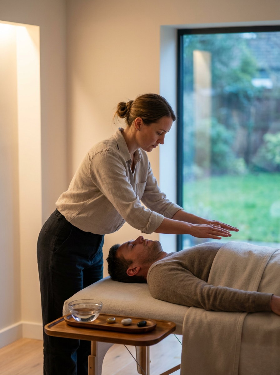 A woman is giving a Reiki session to a man lying on a massage table in a cozy room with a large window showing a garden outside.