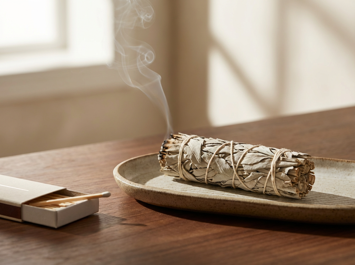 A bundle of smoldering sage wrapped with twine on a ceramic plate, with incense matches nearby on a wooden table.