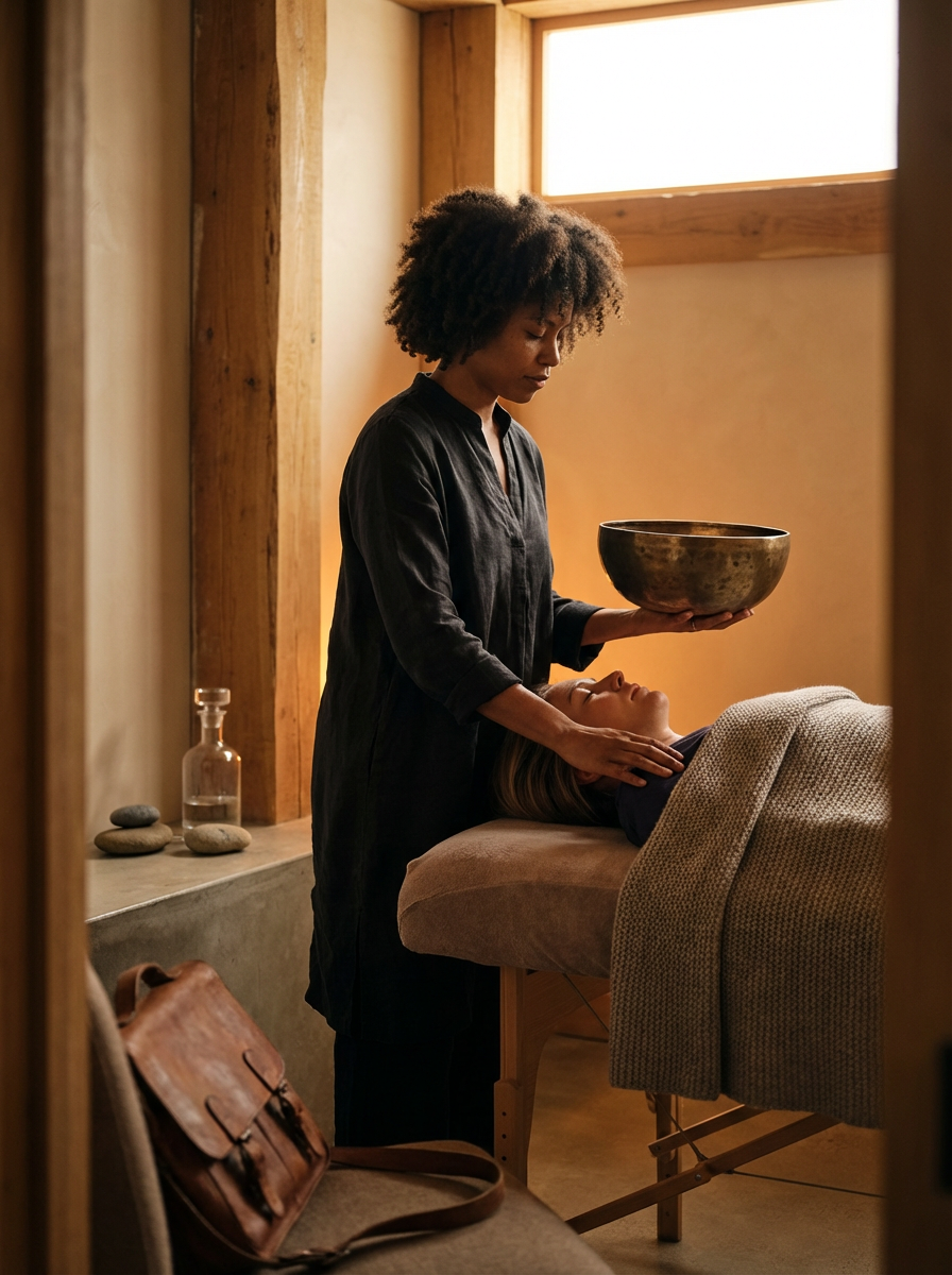 A woman receiving a massage or healing treatment from a practitioner in a serene, warmly lit room with wooden walls and a large window.