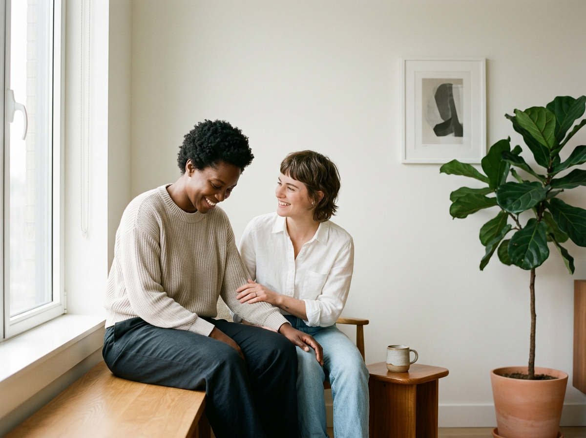 Two people sitting on a wooden bench, smiling and sharing a moment in a bright, minimalist living room with a potted plant, framed art, and a coffee mug on a side table.