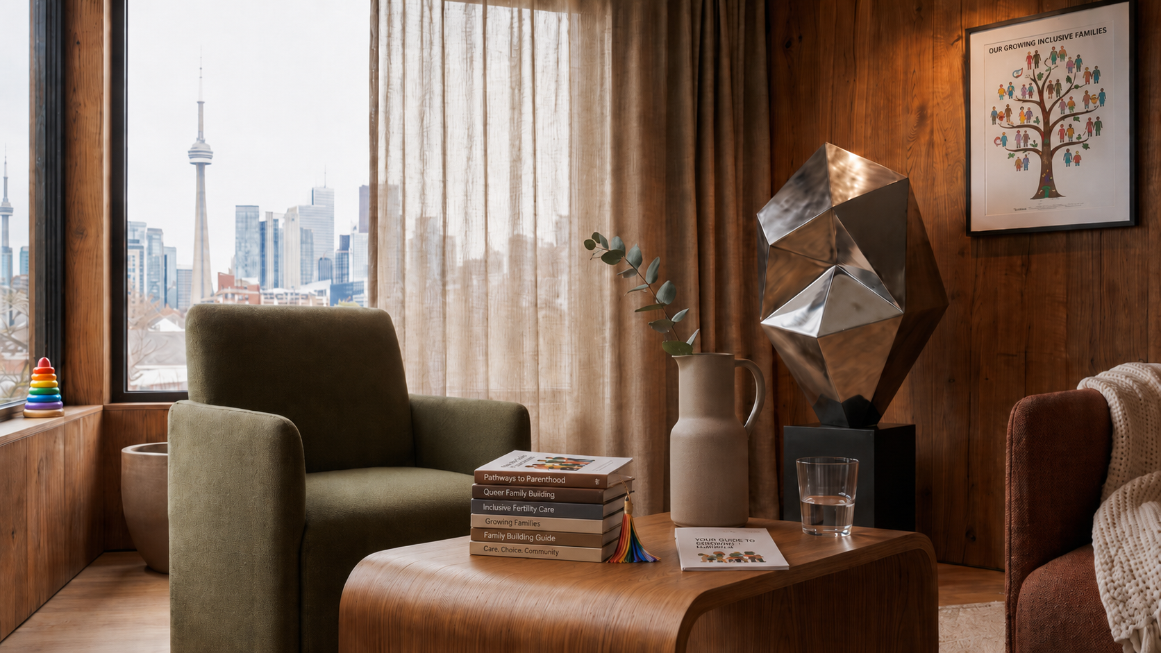 Living room with a green armchair, wooden coffee table with books, a beige vase with green leaves, metallic sculpture, and a city skyline view through large window with beige curtains.