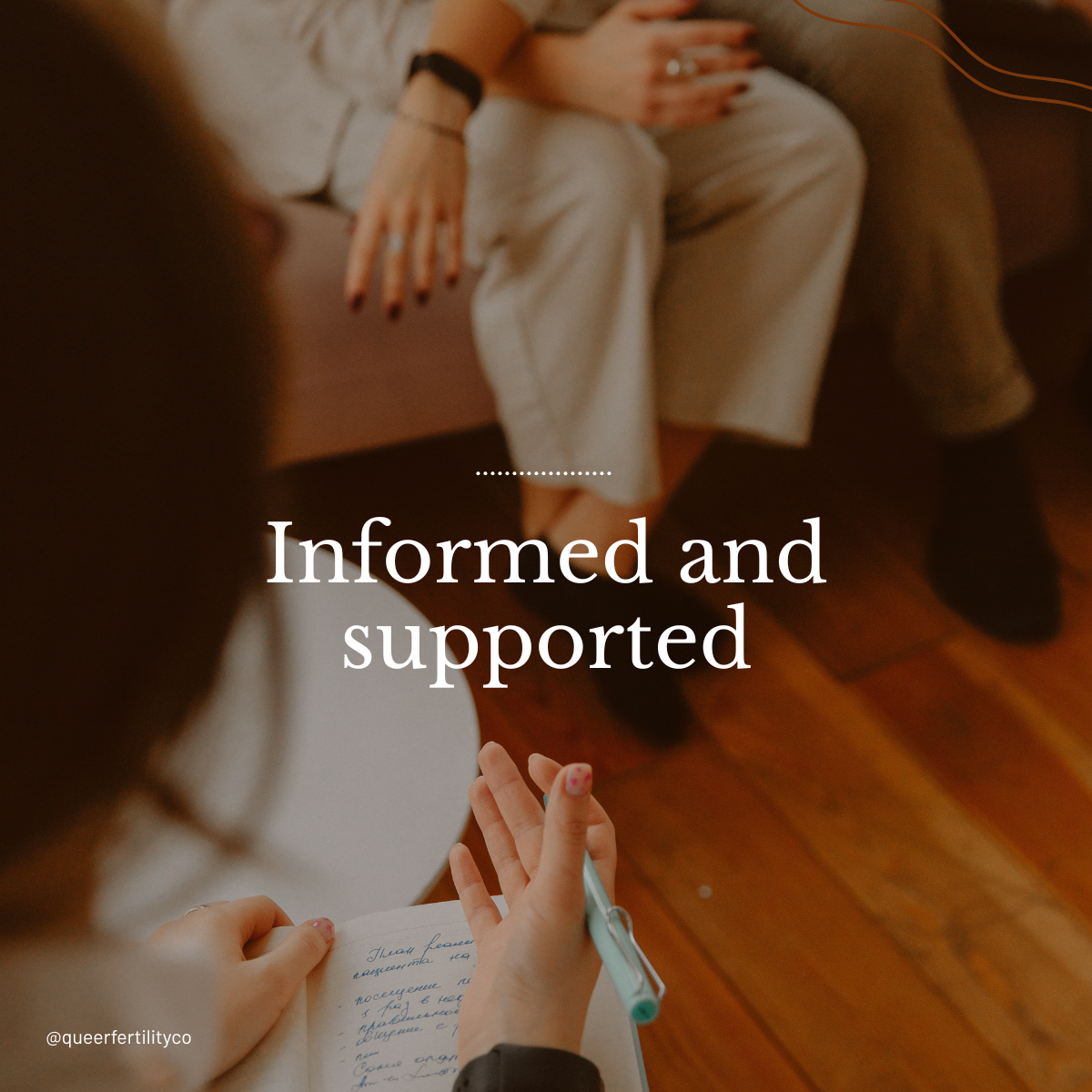 Two people sitting on a couch engaged in a discussion, with the words "Informed and supported" overlayed on the image.