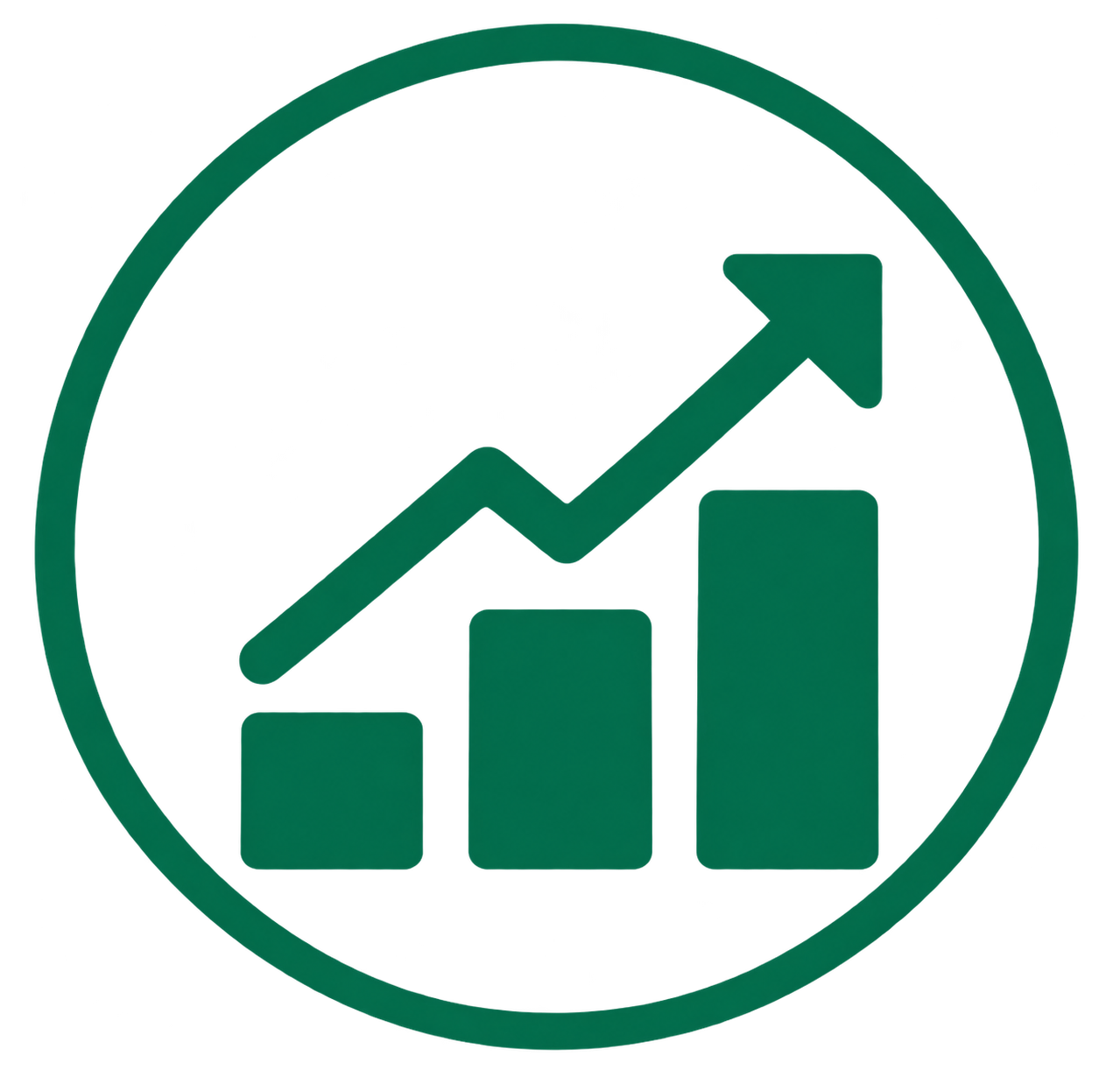 Green icon of a rising bar chart with an upward arrow, enclosed in a circle.