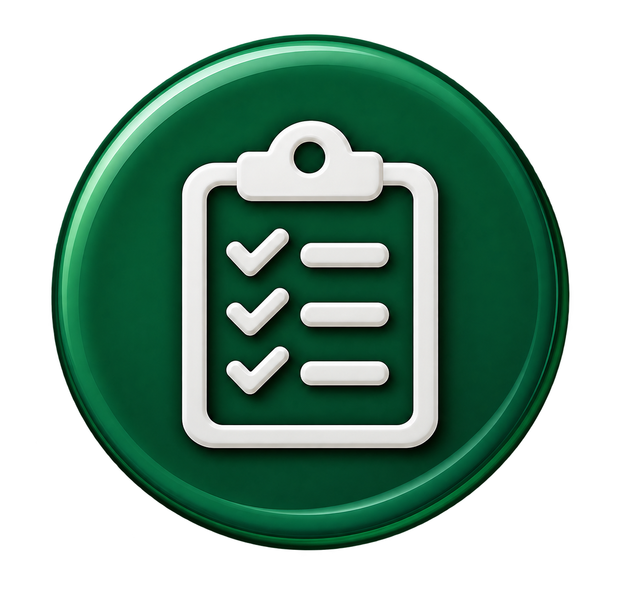 Green circular badge with a white clipboard icon displaying a checklist with three checked items.