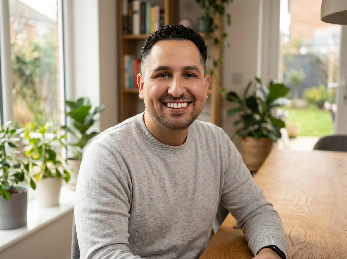 A smiling man sitting at a wooden table in a cozy, well-lit room with large windows and green plants.