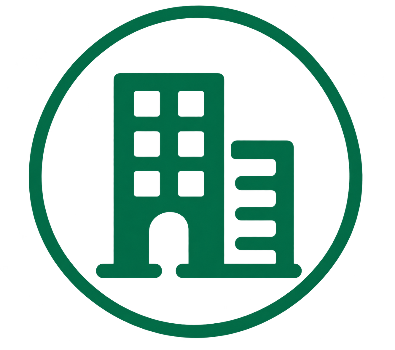 Icon of a city building with windows, a smaller building, and a tree inside a circle, representing a cityscape.