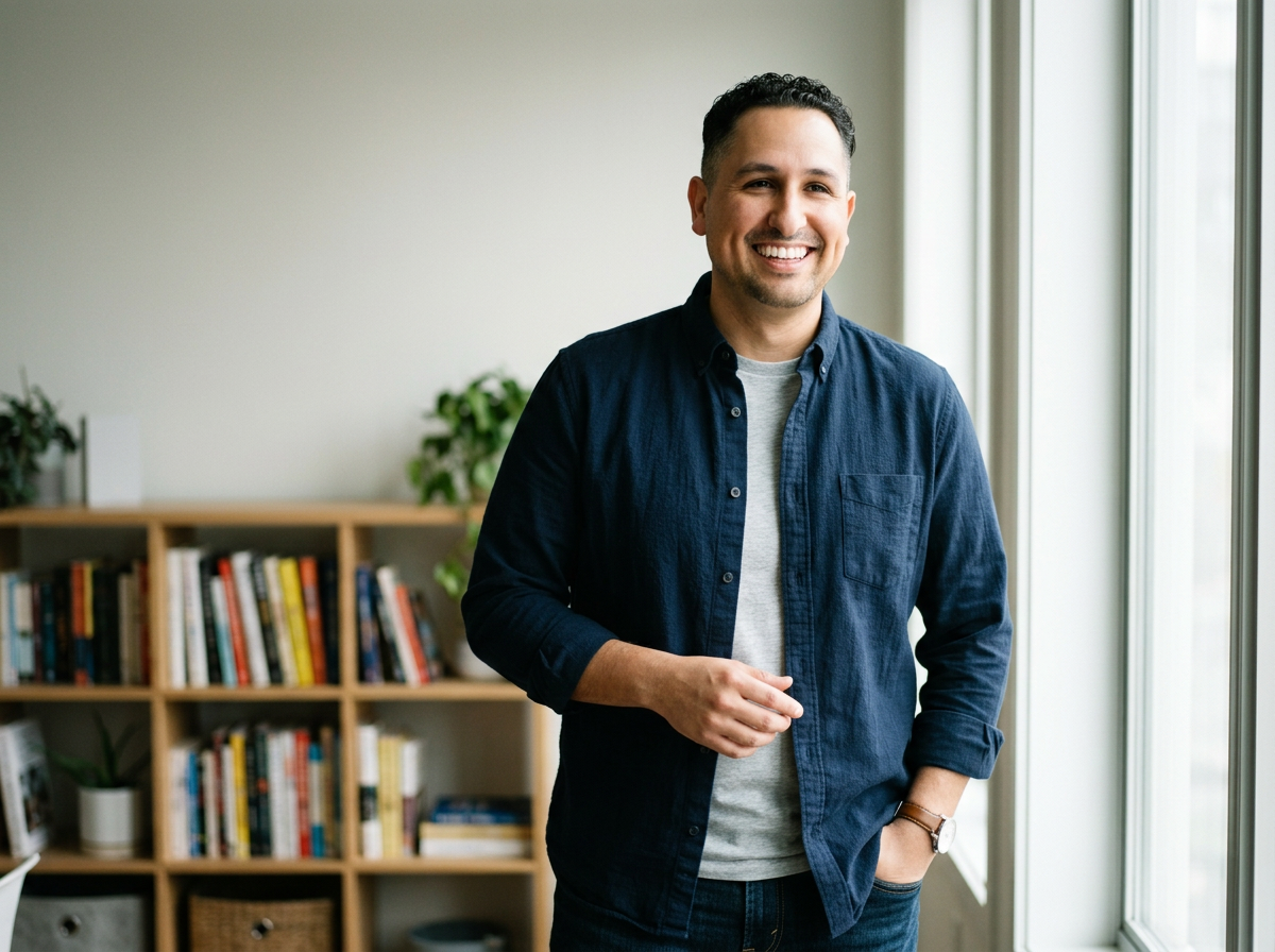 A smiling man in a dark blue shirt and gray T-shirt standing near a window, with a bookshelf filled with books and plants in the background.