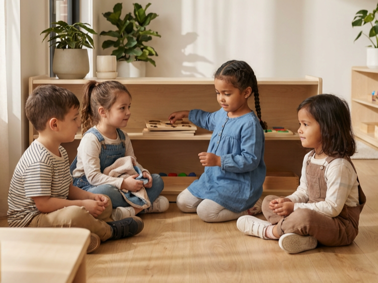 Four children sitting on the floor of a classroom or playroom, with a girl in a blue dress showing a wooden toy to the other three kids.