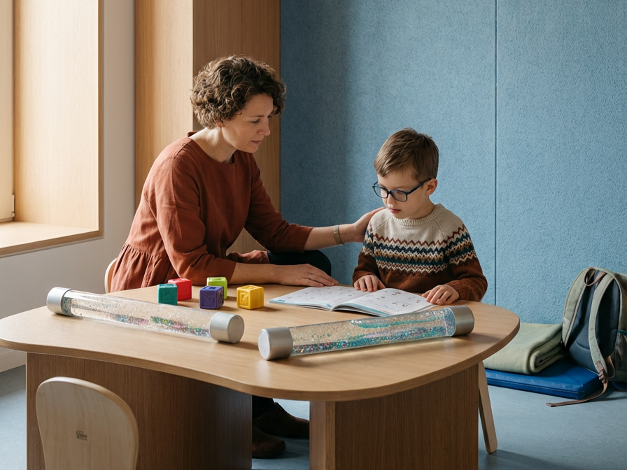 A woman helps a young boy with glasses do homework at a table with school supplies.