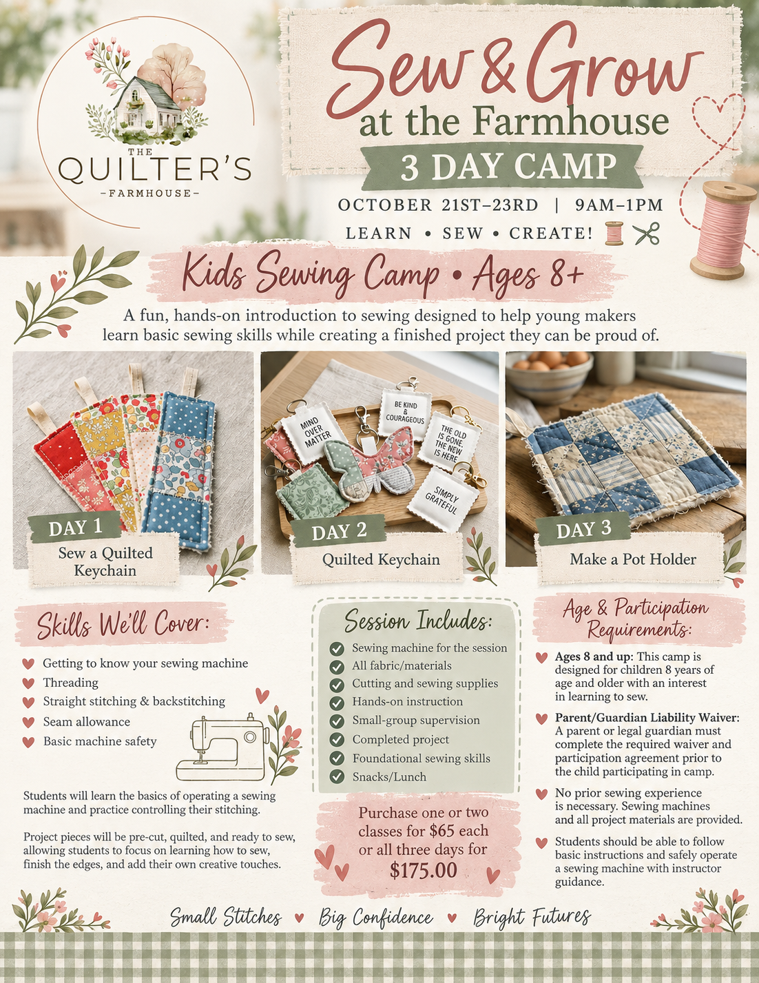 Sew & Grow at the Farmhouse - 3 Day Camp, Oct 21st-23nd 9am-1pm