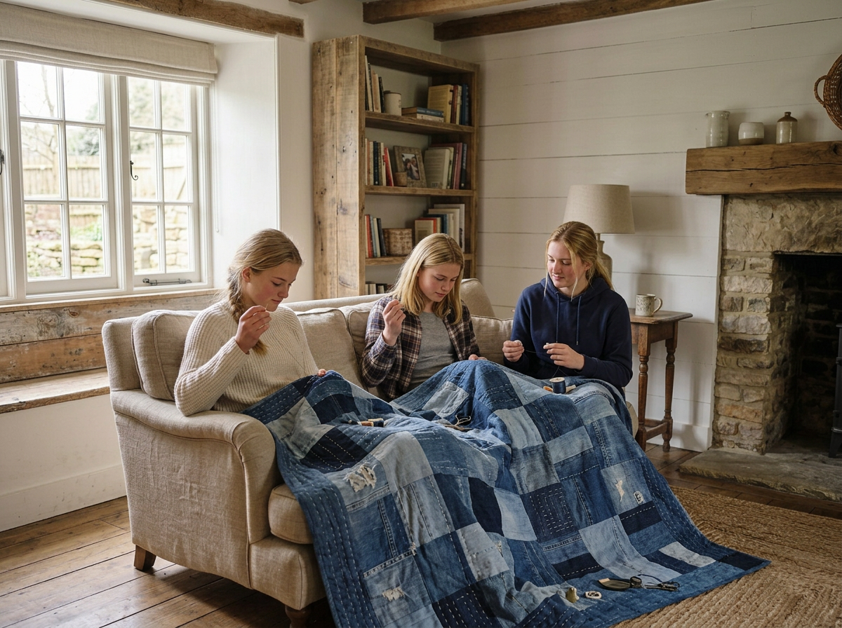 Three young women sitting on a beige sofa, covered with a quilt made of various blue denim patchwork, in a cozy living room with a large window and a wooden bookshelf, engaging in a crafting activity.