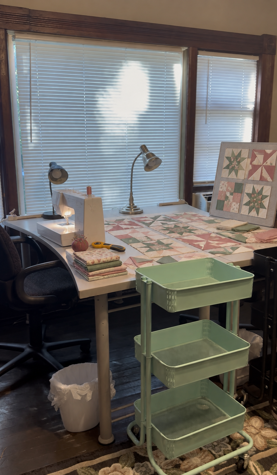 Sewing table with project spread out
