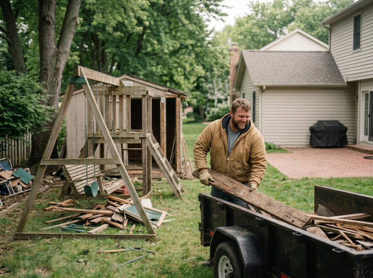 A man is working on demolishing a playset and a shed in a backyard, loading their wood planks into a trailer. There is a a house with a brick patio in the background, all surrounded by green trees.
