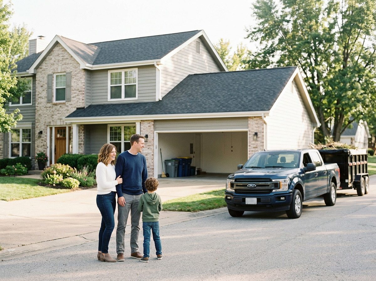 A family of three standing on the street in front of a two-story house, happy. The house has light-colored siding, brick accents, and a garage that is clean with a parked Ford pickup truck loaded with the families trash from the garage.