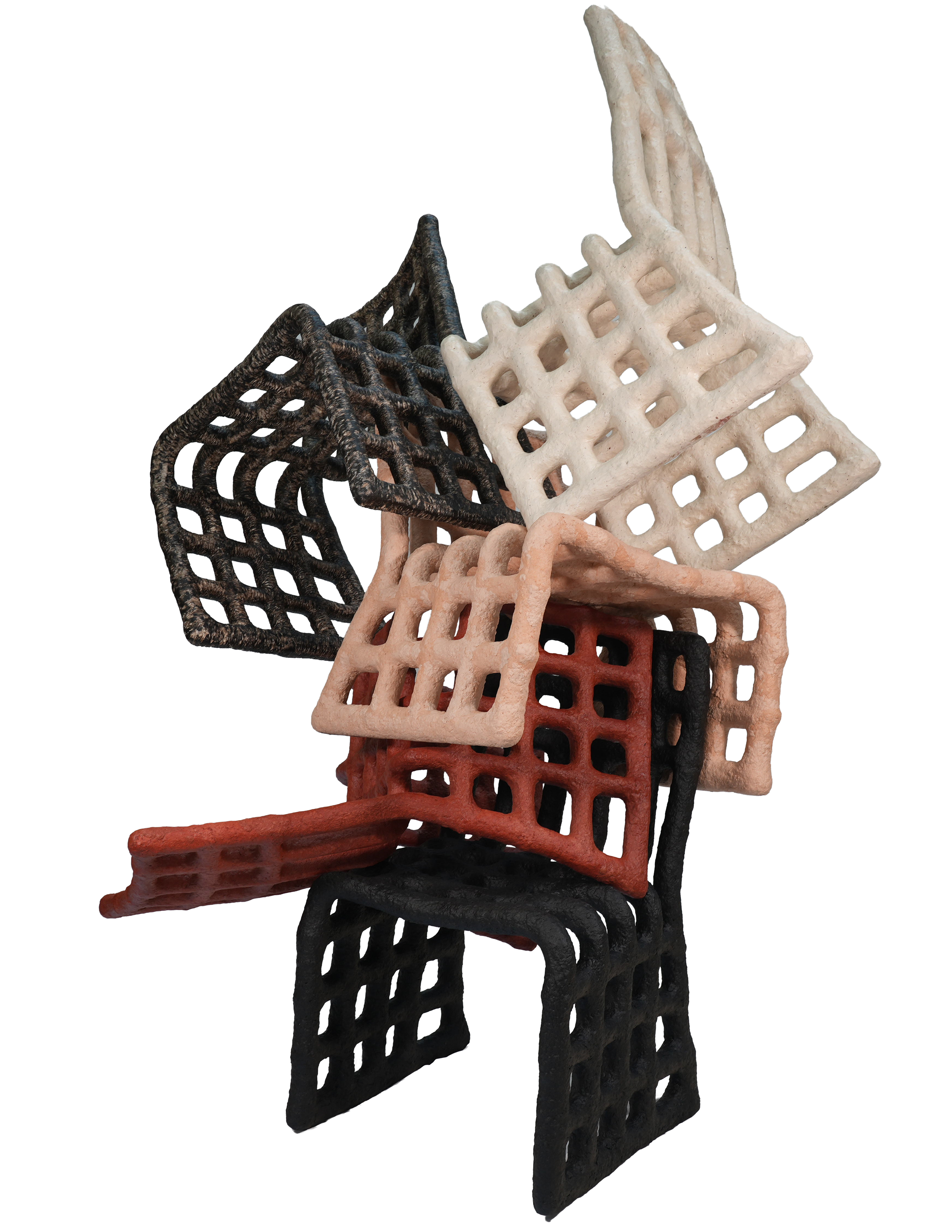 A stack of six woven or lattice-like objects in various colors including black, dark gray, beige, red, and multicolored, arranged vertically.