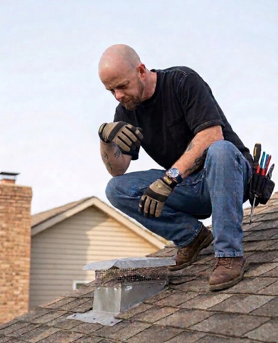 A man crouching on a roof, inspecting or repairing a vent pipe. He is wearing work gloves, a watch, and has a tool belt with tools. The background shows neighboring houses.