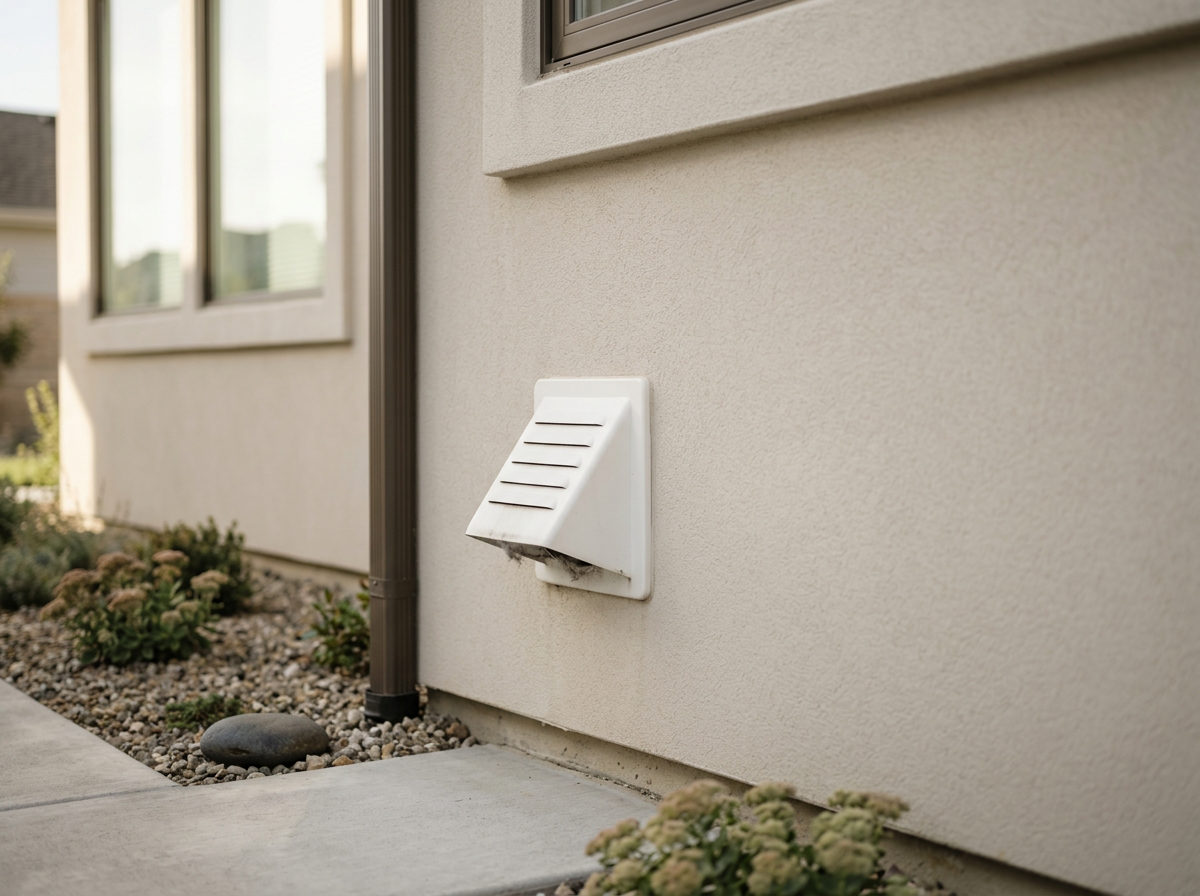 Exterior of a house showing a dryer vent on the wall beneath a window, with landscaping and rocks on the ground.