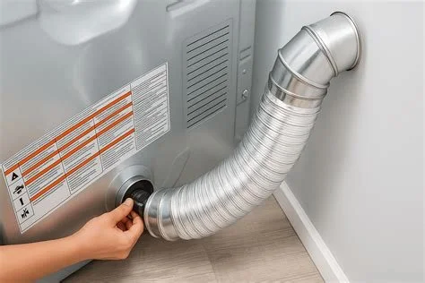A person installing or inspecting a large silver dryer vent hose connected to a dryer.