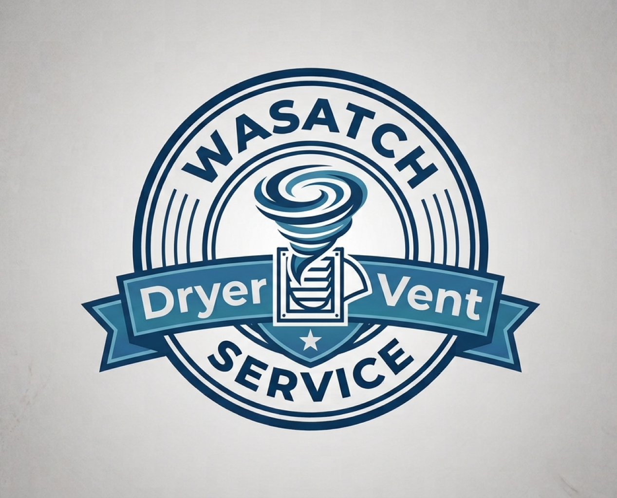 Logo for Wasatch Dryer Vent Service featuring a tornado or vortex illustration in the center, with the words 'Wasatch' at the top and 'Service' at the bottom, and a banner across the middle with 'Dryer Vent' in bold.