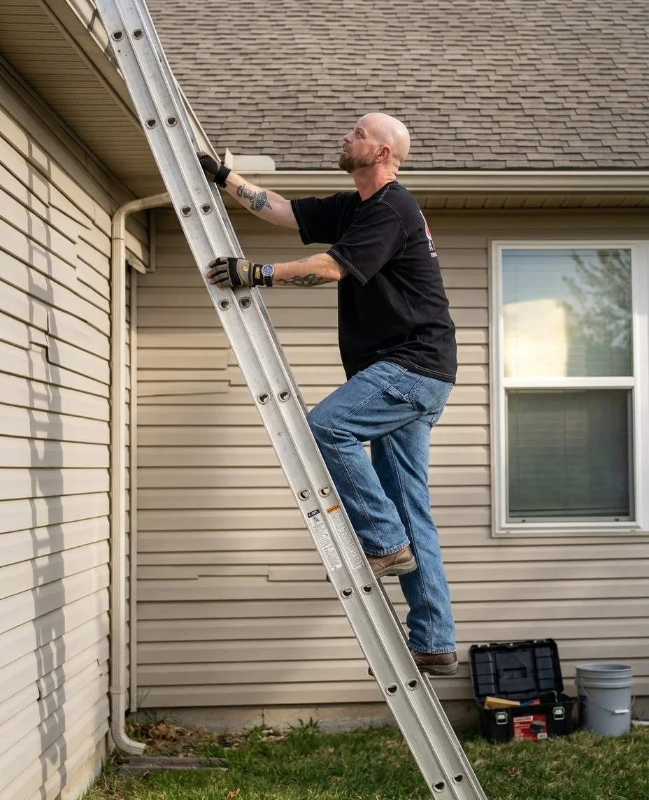 A man with tattoos, a bald head, and a beard climbing an extension ladder outside a house, reaching up towards the roof.
