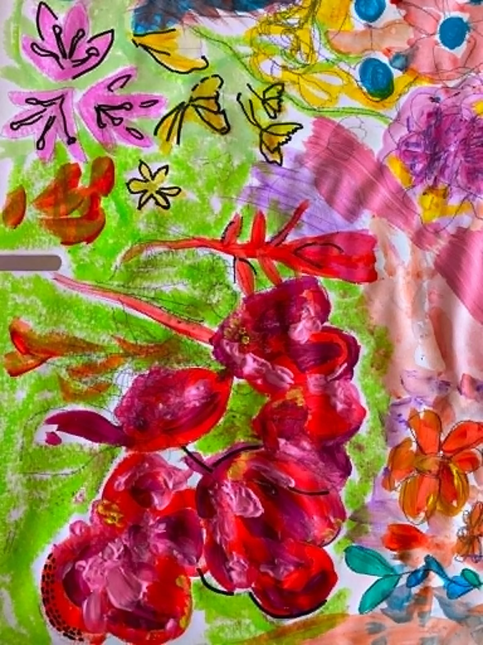 A colorful abstract drawing featuring various flowers, leaves, and butterflies in shades of pink, red, blue, yellow, and green, created with markers or crayons.