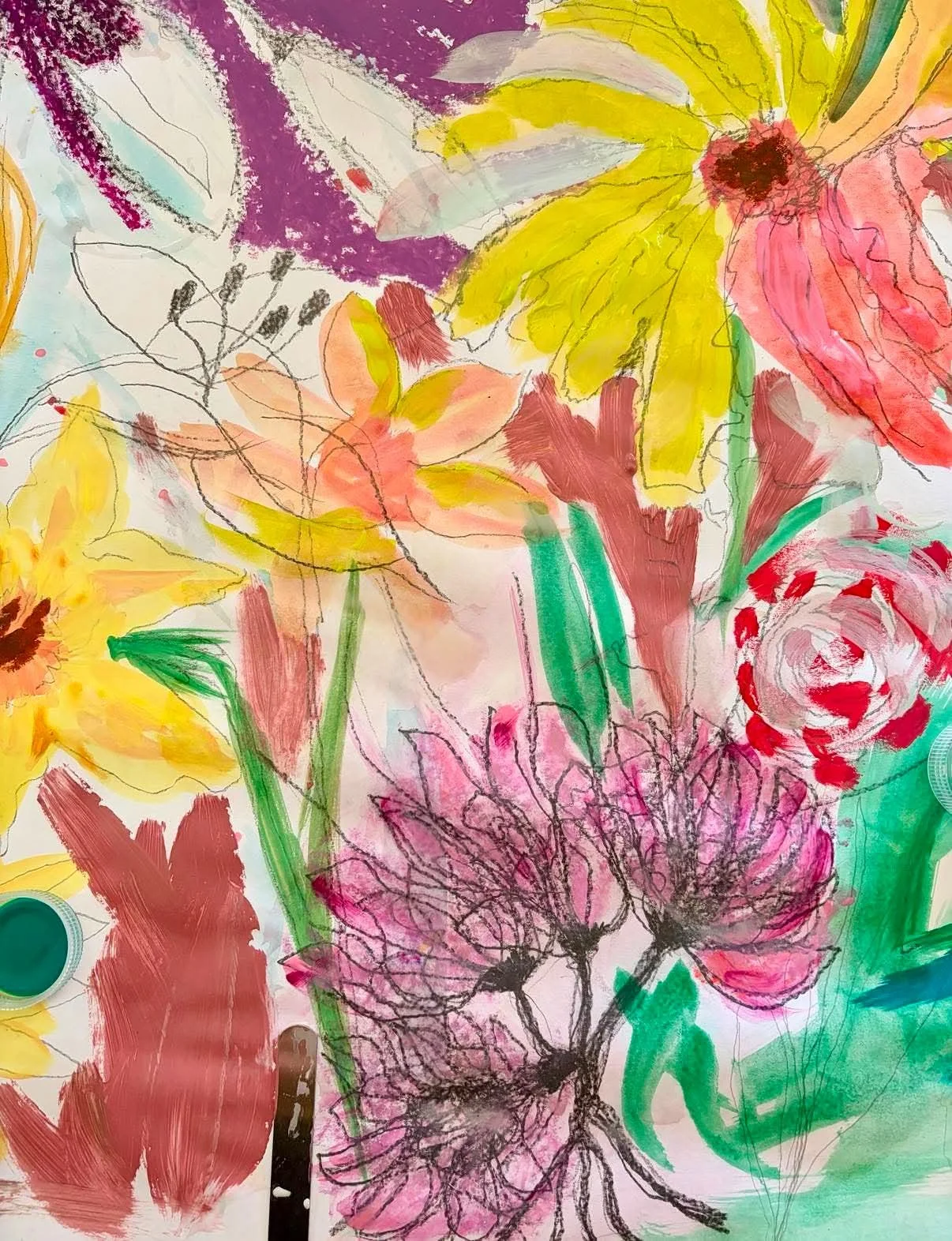 A colorful abstract drawing of various flowers, including yellow, red, and pink blossoms, with green stems, and some black sketch-like outlines and details.