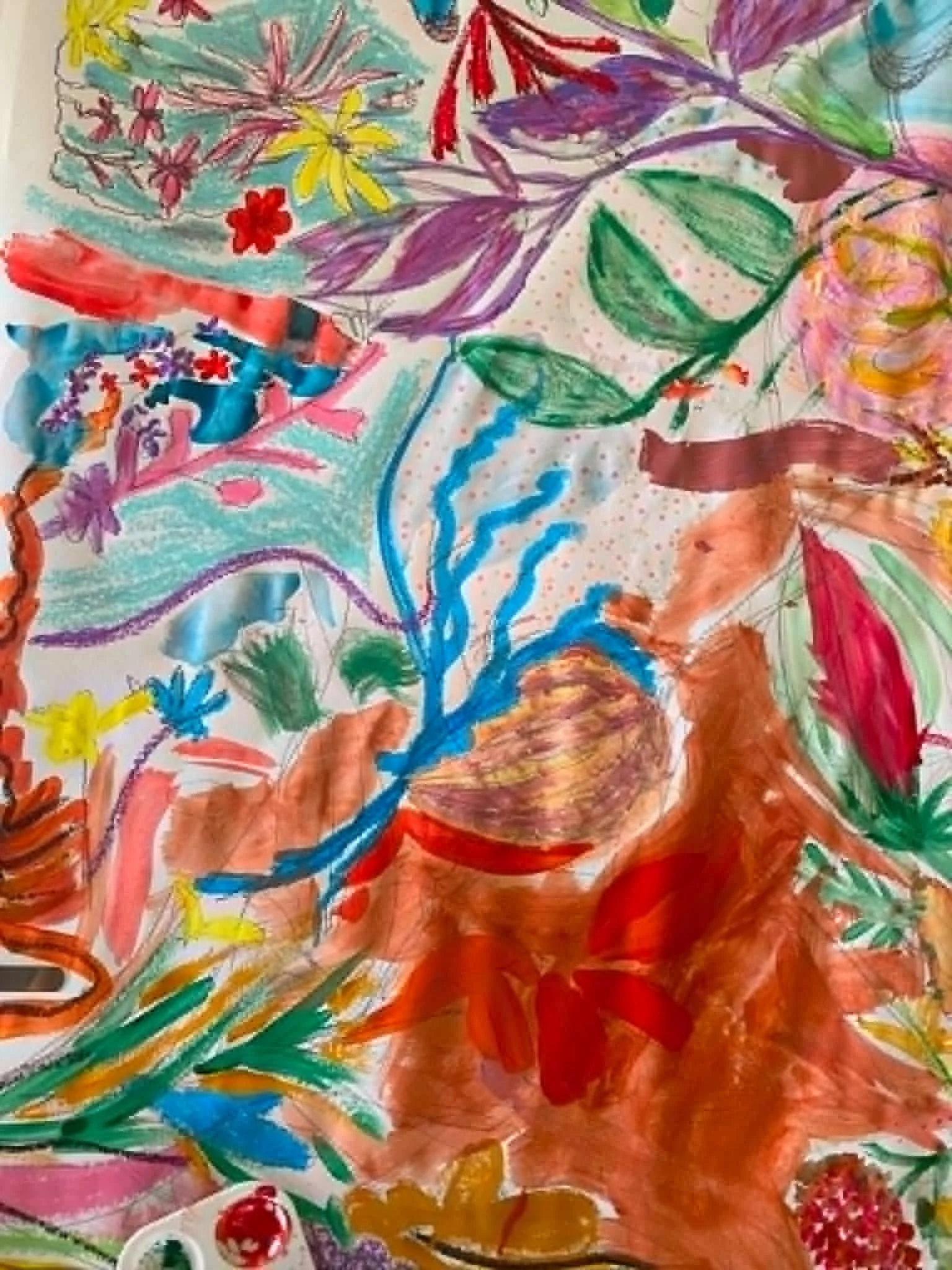 Colorful abstract drawing with various shapes and patterns, including flowers, leaves, waves, and swirls, created with markers and crayons.