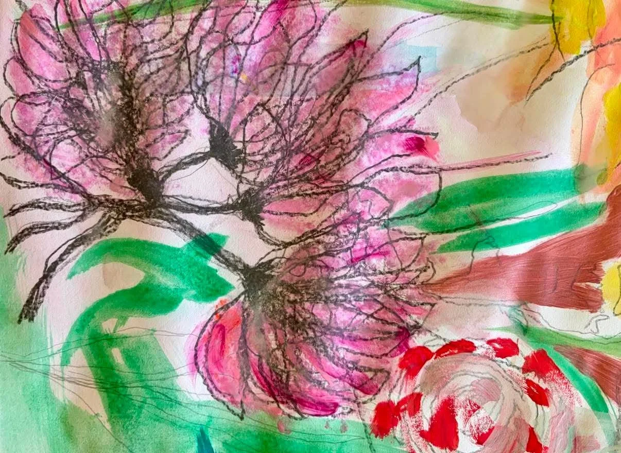 A colorful watercolor painting of a tree with pink blossoms, green leaves, and a beige background.