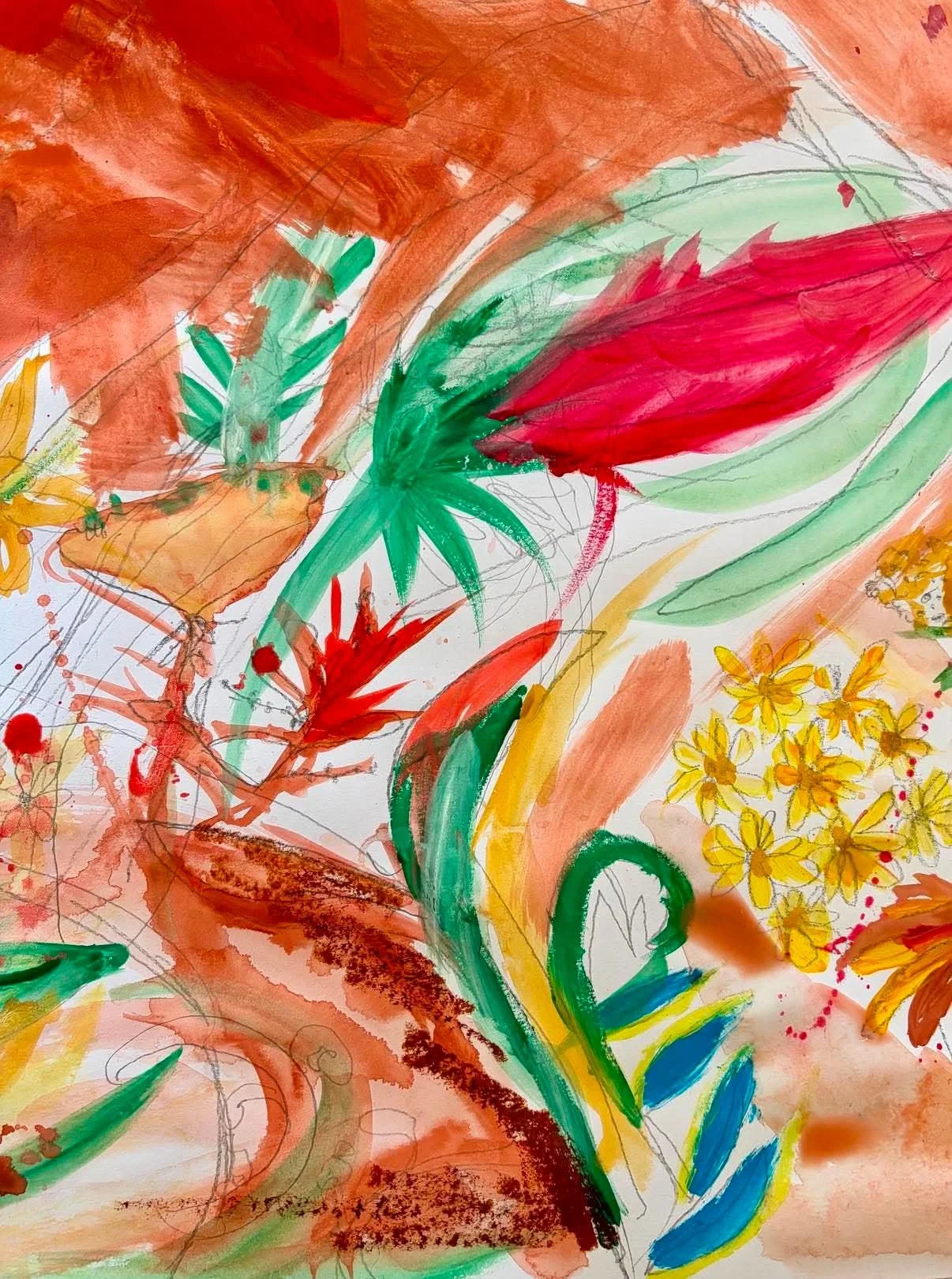 Colorful abstract painting with bright reds, greens, yellows, and oranges, featuring flowers and leaves.