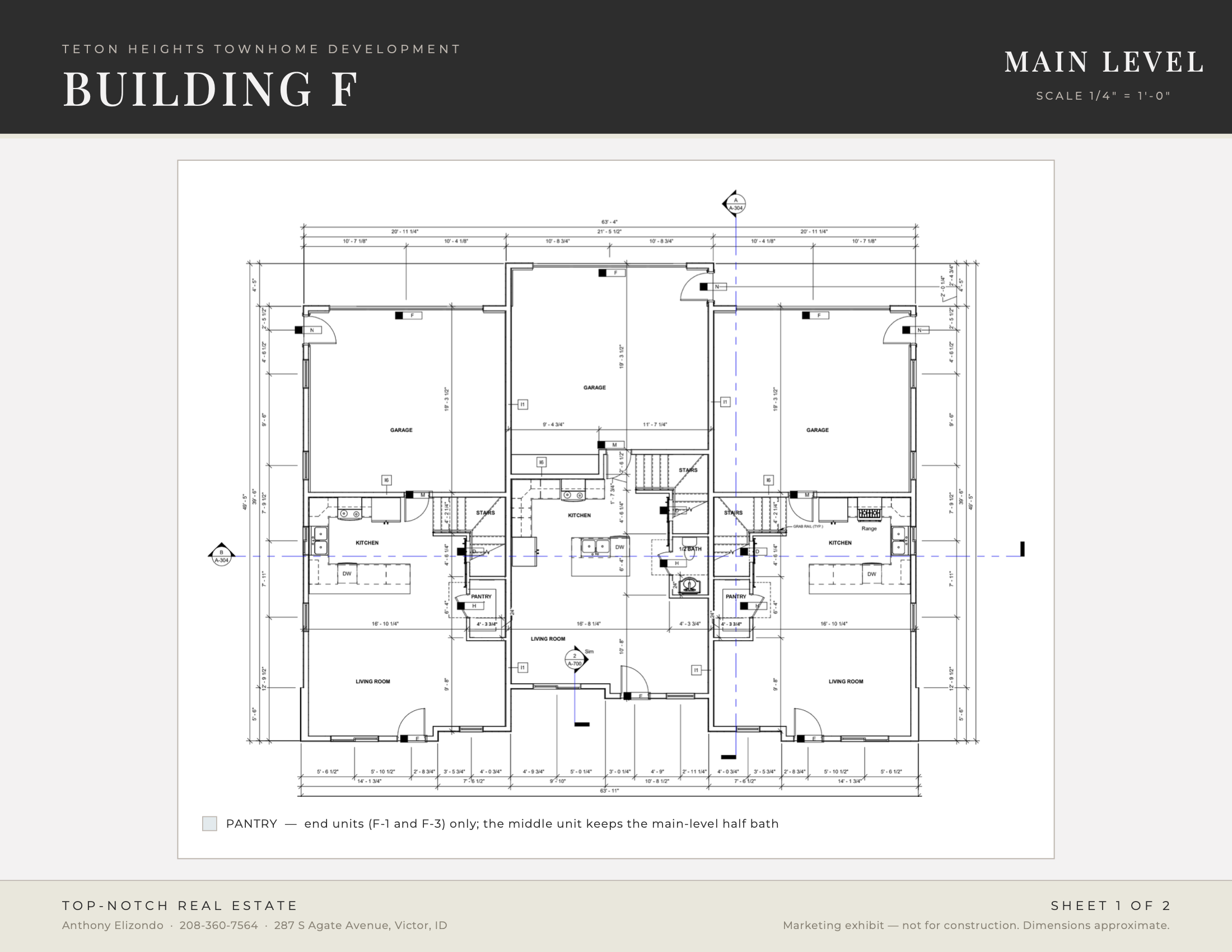 Architectural blueprint for Building F, a townhome development, showing main level floor plan with rooms, dimensions, and labels, including garages, kitchens, living rooms, and pantry areas.