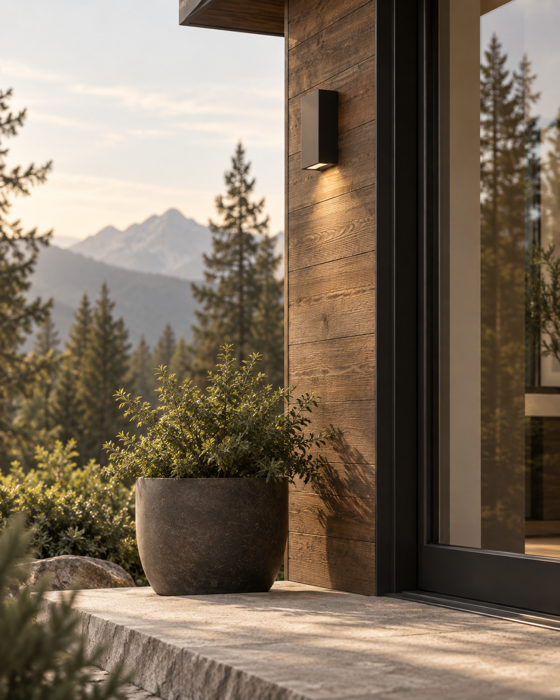 Close-up of a modern house exterior with a wooden wall, a black outdoor light, a potted plant on a stone step, and mountainous landscape in the background.