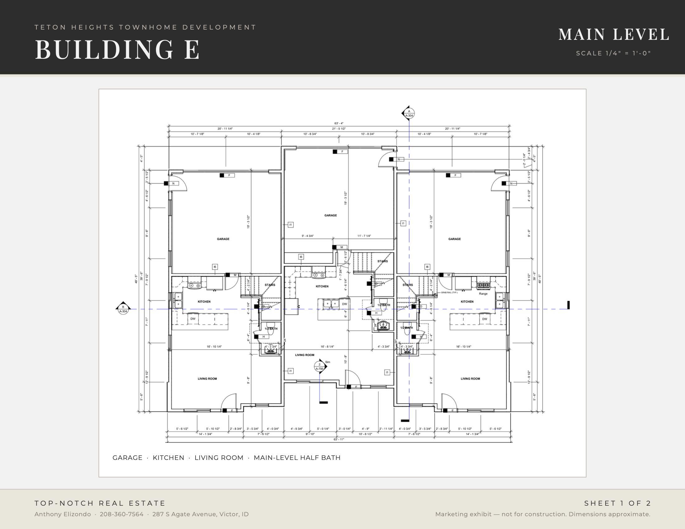 Architectural blueprint of a home layout including garages, kitchens, living rooms, and bathrooms, with measurements and labels.