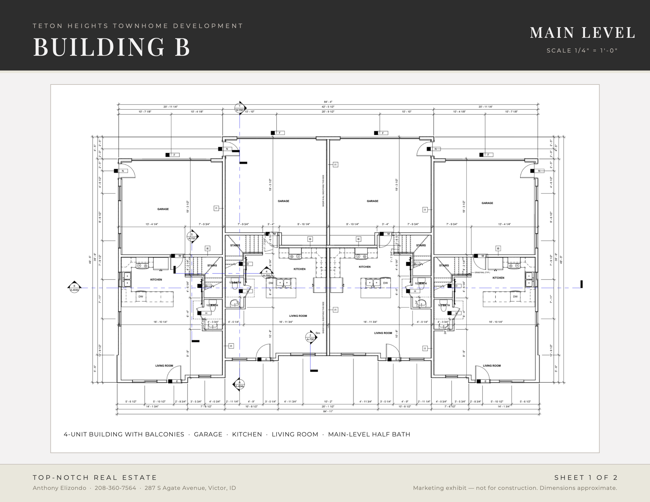 Architectural blueprint of a four-unit townhouse building with balconies, garages, kitchens, living rooms, and half baths, labeled as 'Building B' on the main level, with dimensions and annotations.