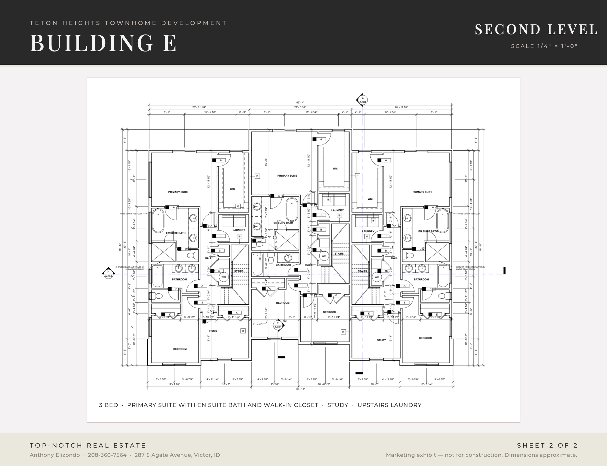 Architectural floor plan of a multi-bedroom residential building with detailed room layouts and measurements.