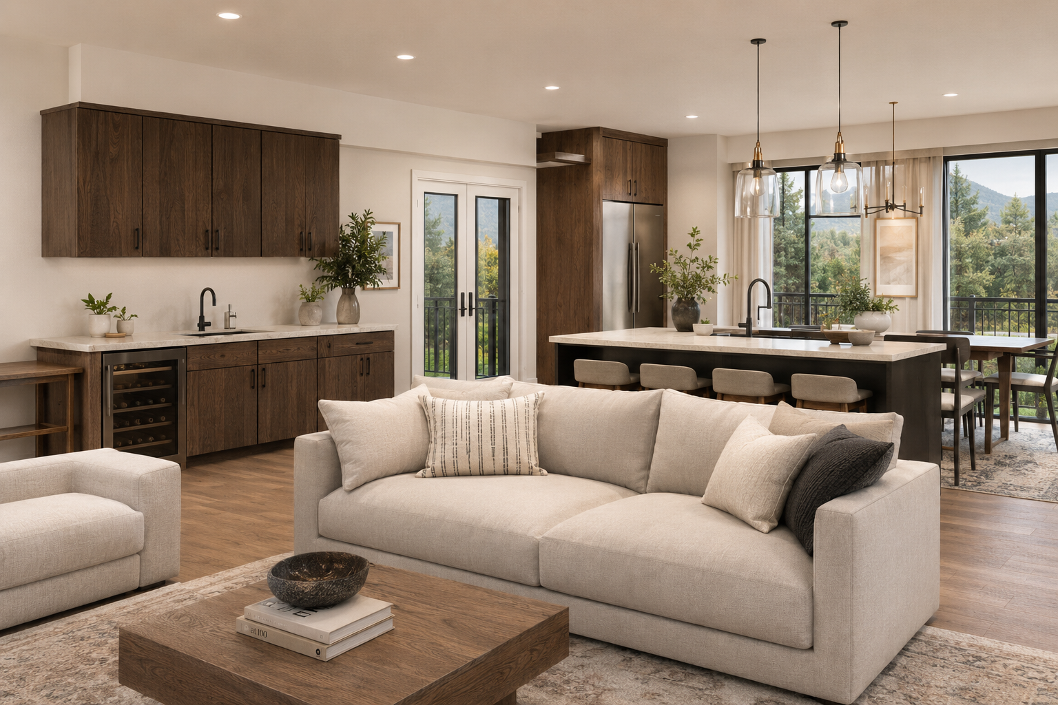Living room with beige sofa, coffee table, and open kitchen with wooden cabinets, island, and large windows showing outdoor greenery.