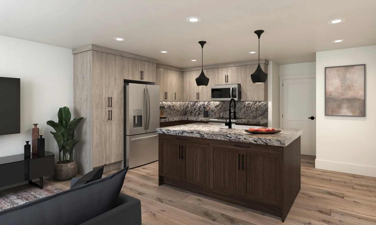 Modern kitchen with granite countertops, wooden cabinetry, stainless steel refrigerator, microwave, black pendant lights, and hardwood floor.
