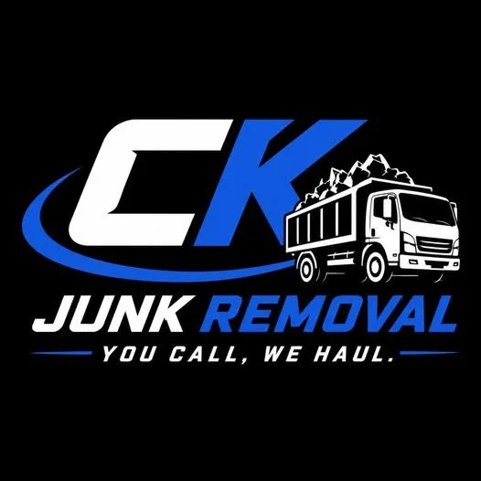 Logo for CK Junk Removal with a truck and mountains, with the tagline 'You Call, We Haul'.