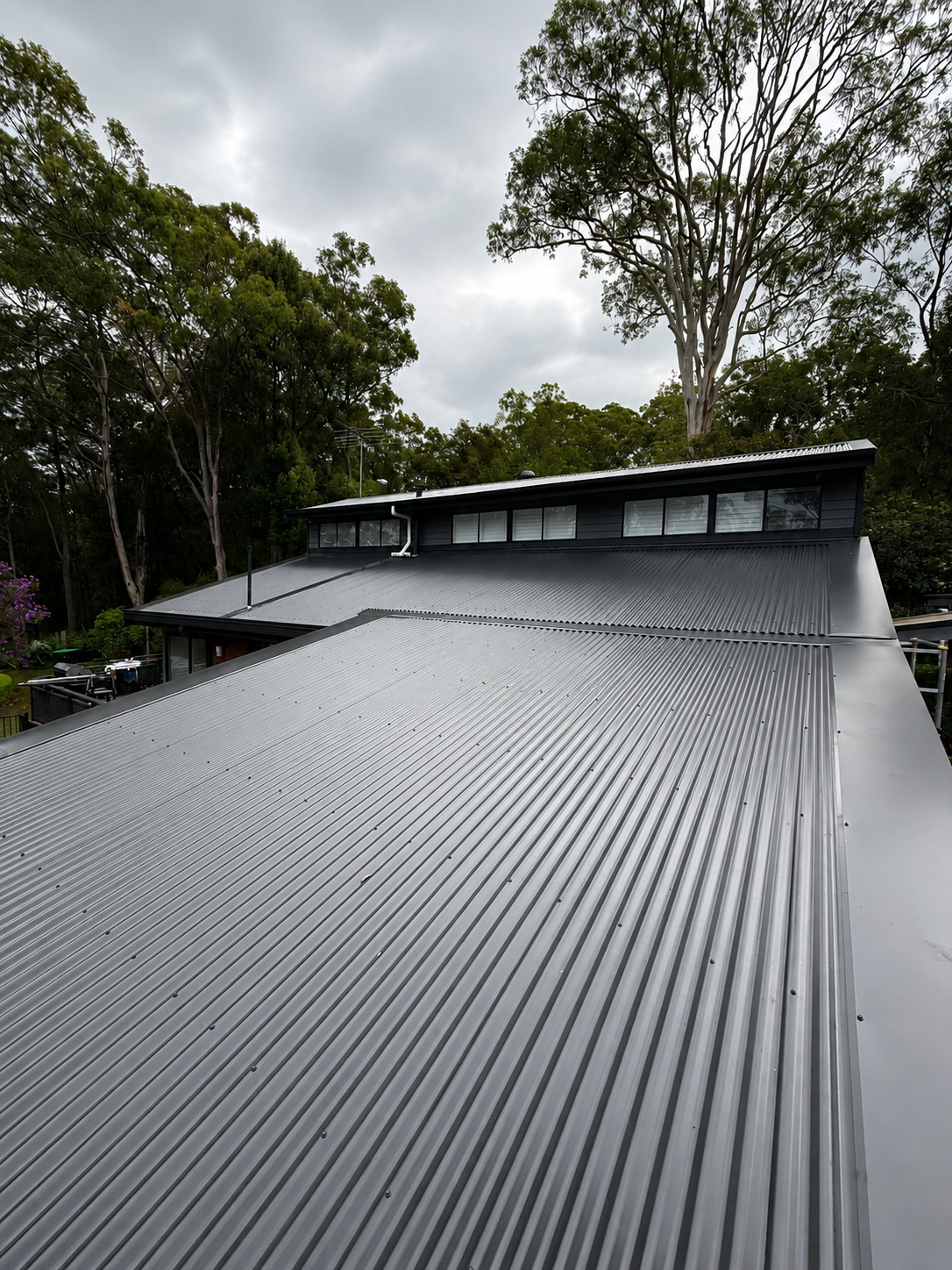 Metal roof on a modern house with multiple slopes, surrounded by trees under a cloudy sky.