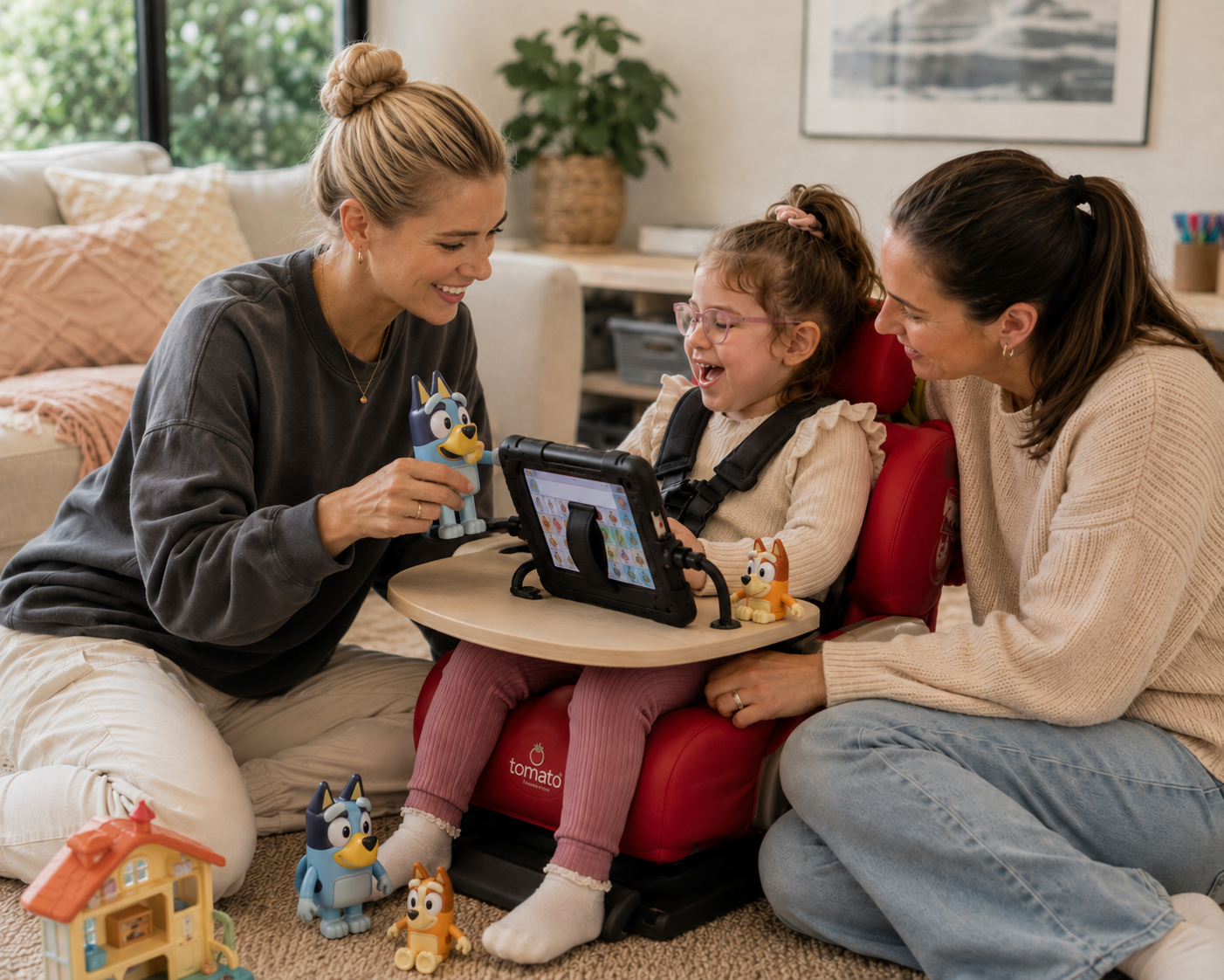 A little girl in modified seating with her speech pathologist and mother playing and using a speech generating AAC device