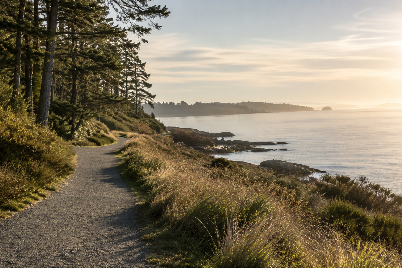 A coastal trail running along the edge of a forest near the ocean at sunset.