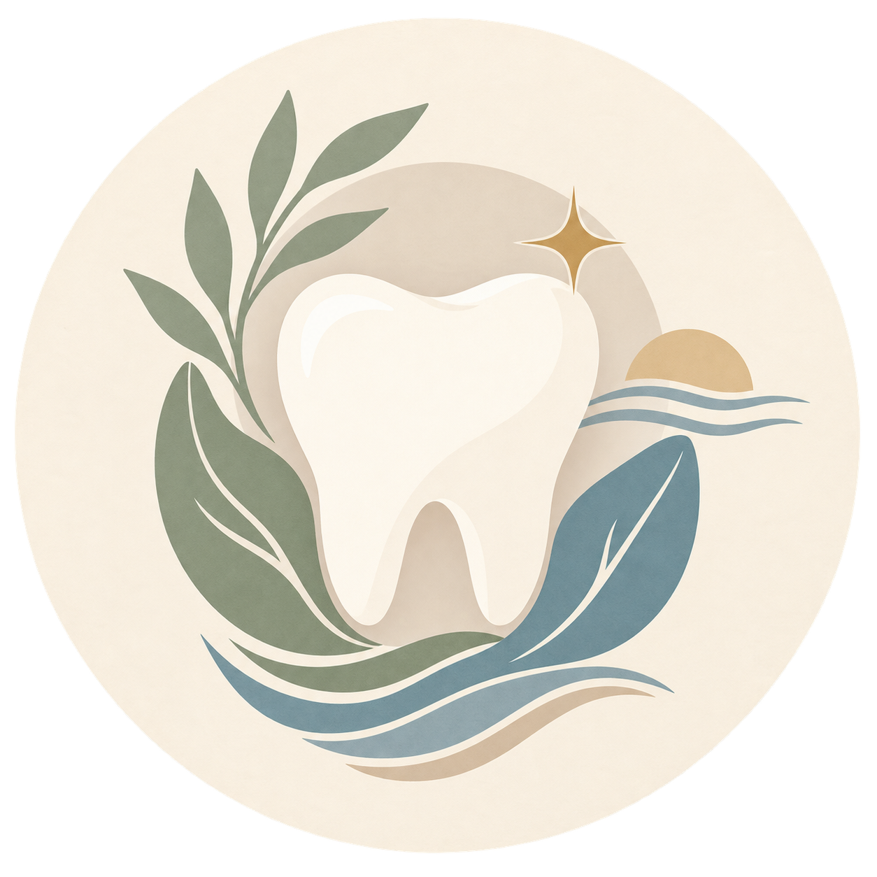 Stylized illustration of a white tooth with green leaves, a star, water waves, and a sun, on a neutral background.
