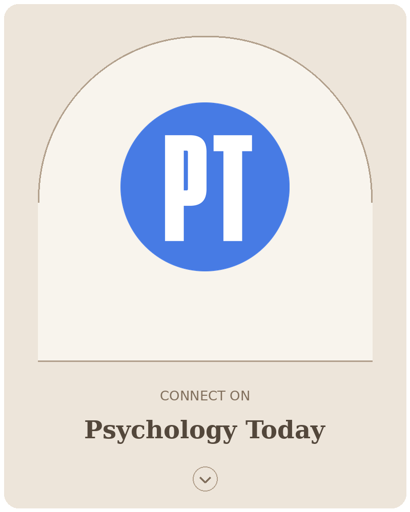 A digital graphic with a circular blue icon containing the white letters 'PT', and the phrase 'Connect on Psychology Today' below, set against a beige background.