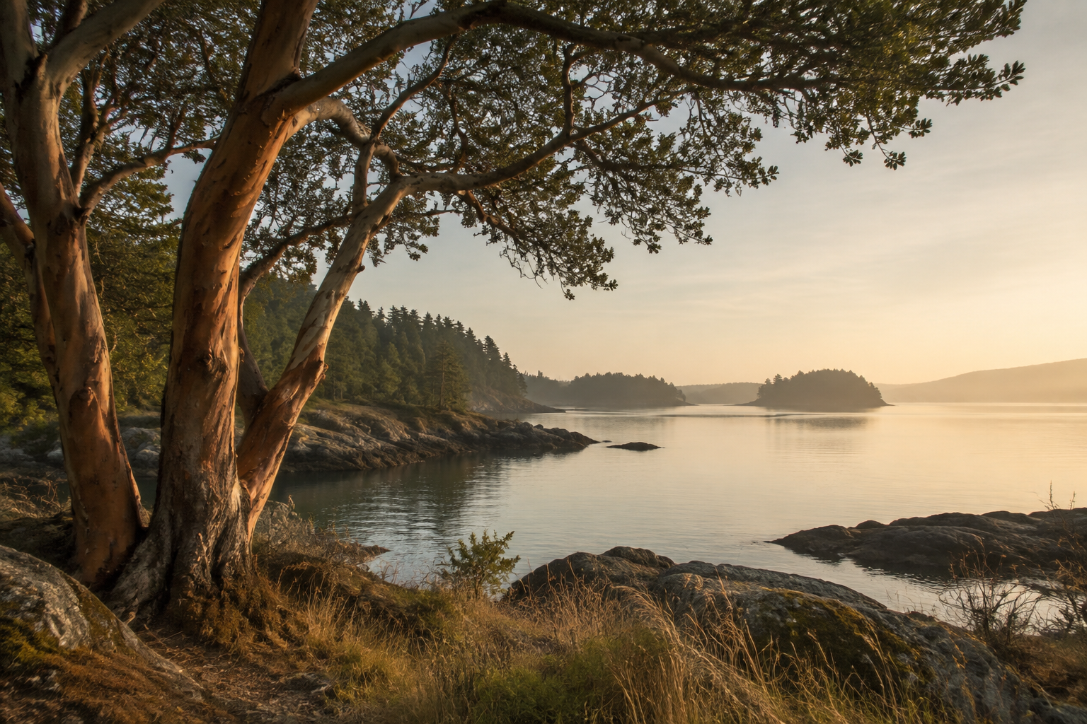 A peaceful oceanside scene at sunset with a large arbutus tree in the foreground, rocky shoreline, and distant islands and hills reflecting on calm water.