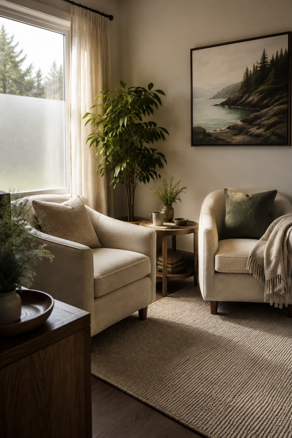 A cozy counselling room corner with two cream-colored armchairs, a wooden side table with green plants, a large window with cream curtains, a framed landscape painting of a coastal scene, and indoor plants.