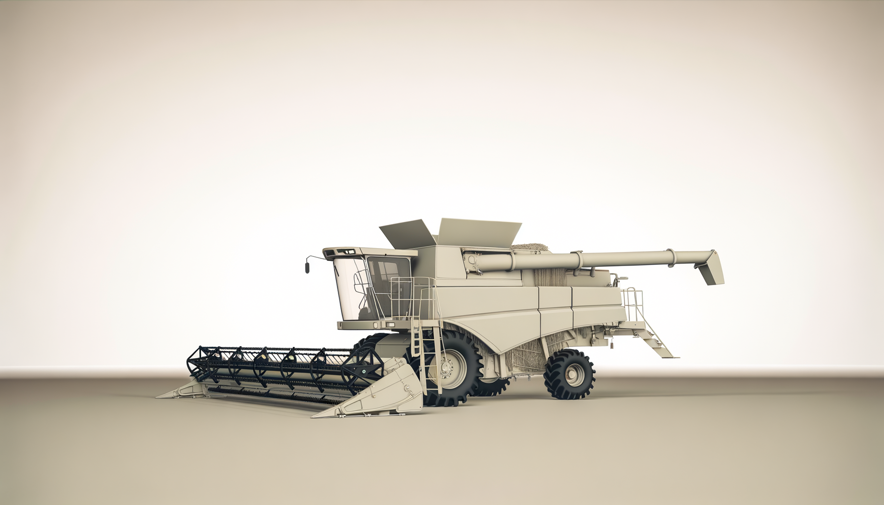 A modern combine harvester in a beige/gray tone, viewed from the side, with its header attachment at the front and long grain auger pipe at the top, set against a plain, neutral background.