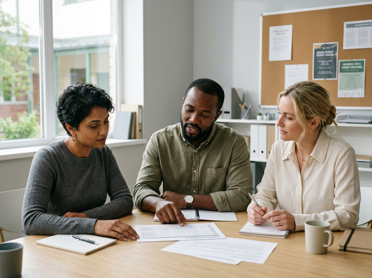 Three people sitting at a table reviewing documents during a meeting or discussion in an office.