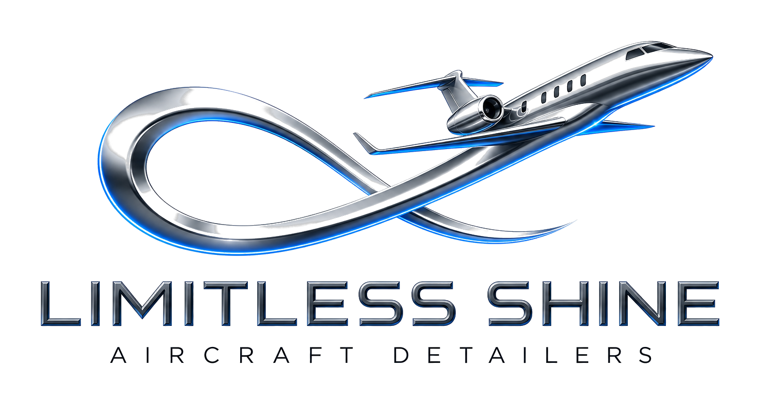 Logo for Limitless Shine Aircraft Detailers featuring a stylized infinity symbol, a silver private jet, and the company name