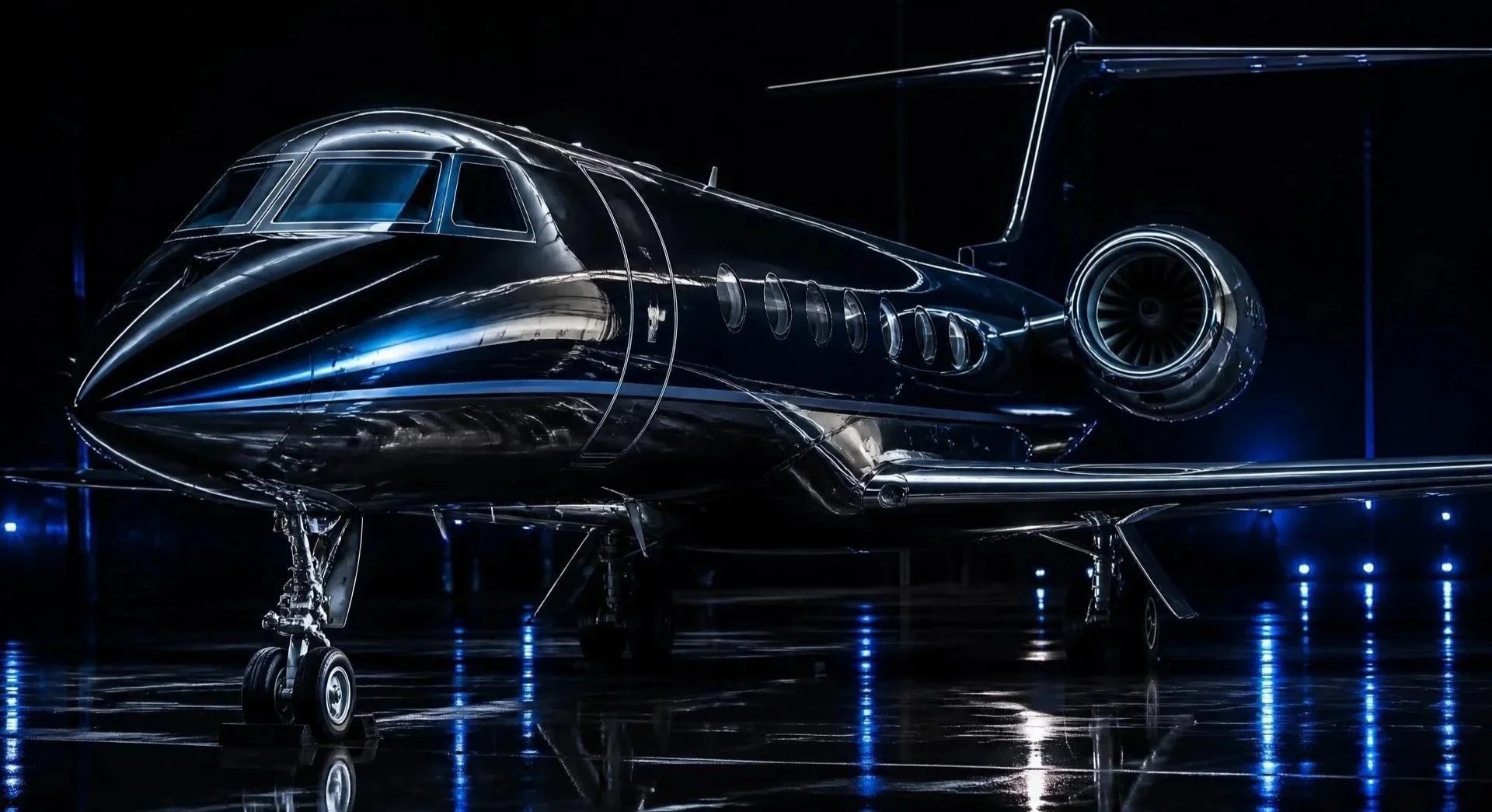 A sleek, futuristic, silver airplane on display with a dark background and reflective flooring.