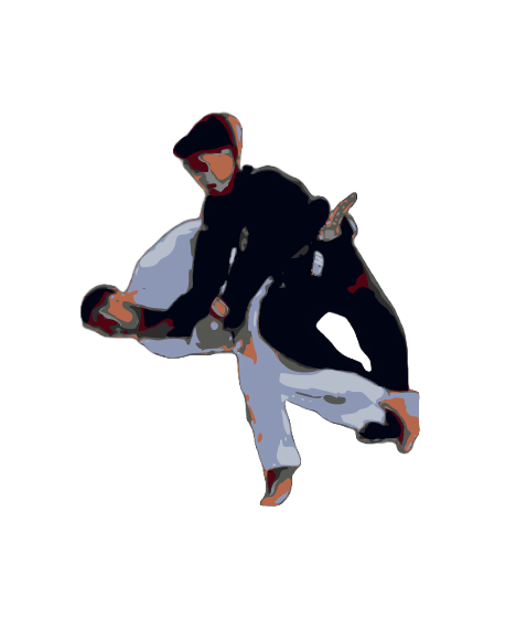 Two martial artists practicing Brazilian Jiu-Jitsu on a black background, with one executing a sweep on the other.