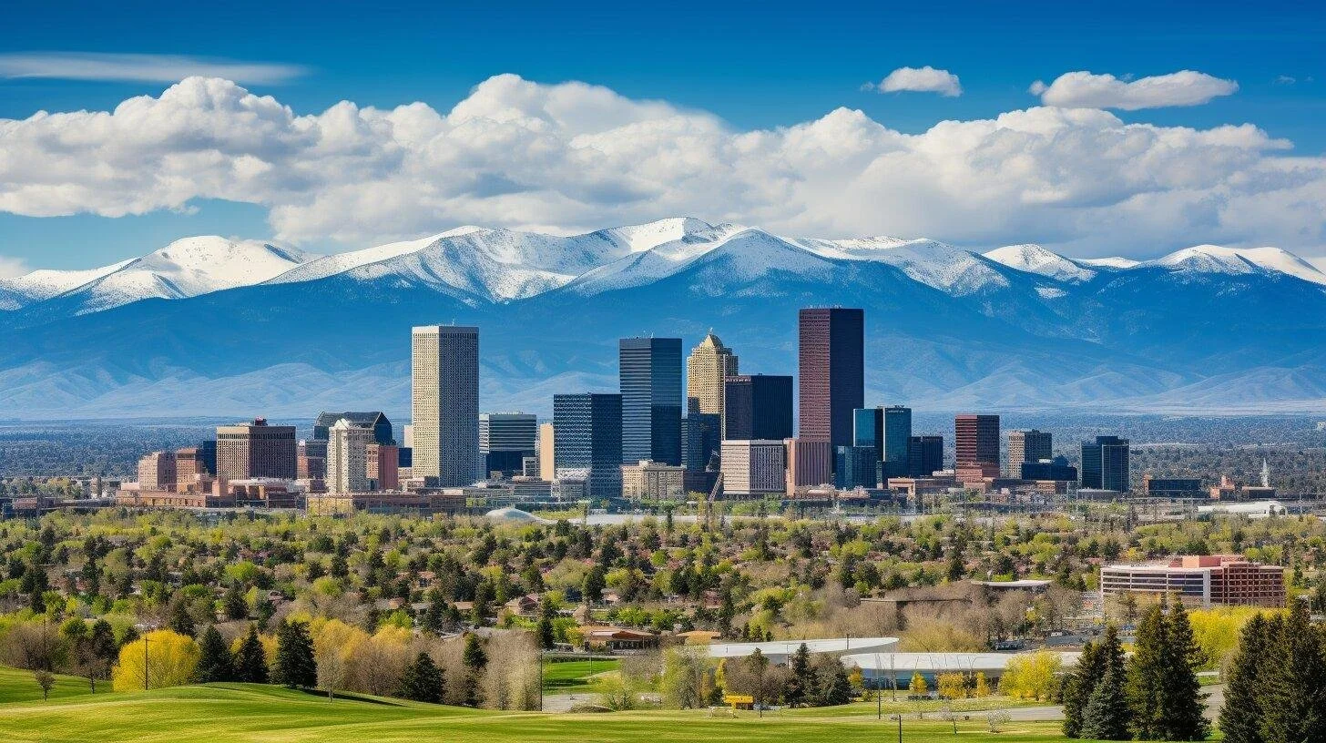 Denver skyline with the Rocky Mountains in the background.